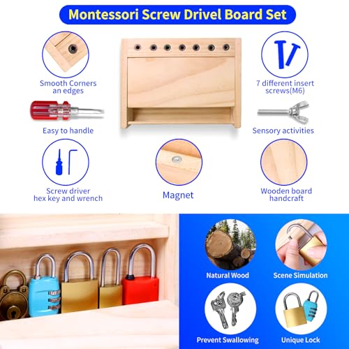Montessori Screwdriver Board-Lock and Key Toy Set,INIFEIDALA Wooden Montessori Toys for 3 4 5 Year Old Kids and Toddlers,Learning Sensory Bin Toys INIFEIDALA