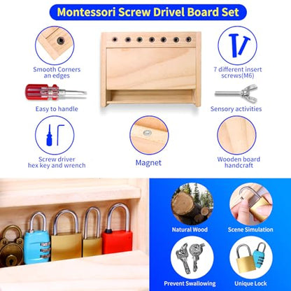 Montessori Screwdriver Board-Lock and Key Toy Set,INIFEIDALA Wooden Montessori Toys for 3 4 5 Year Old Kids and Toddlers,Learning Sensory Bin Toys