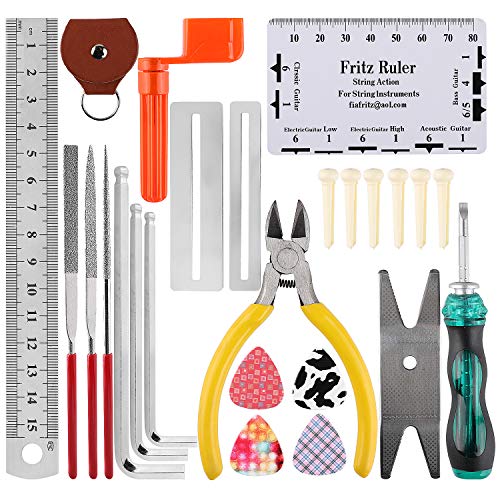 Guitar Repairing Tool Kit(26PCS) Wire Plier,String Organizer,Fingerboard Protector,Hex Wrenches, Files, String Ruler Action Ruler, Spanner - WoodArtSupply