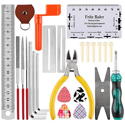 Guitar Repairing Tool Kit(26PCS) Wire Plier,String Organizer,Fingerboard Protector,Hex Wrenches, Files, String Ruler Action Ruler, Spanner