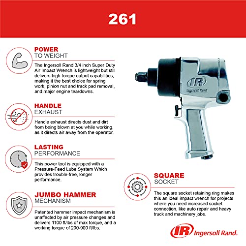 Ingersoll Rand 261 3/4-Inch Super Duty Air Impact Wrench - High Torque Output, Handle Exhaust, Pressure-Feed Lube System, Hammer Impact Mechanism, Ingersoll Rand