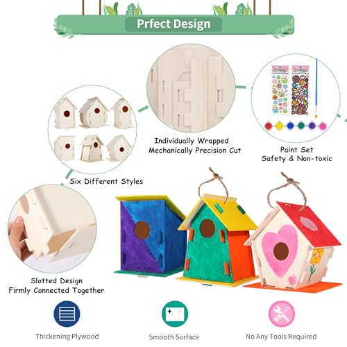 6 Pack Large DIY Bird Houses Kits for Kids, Kids Crafts Wood Houses for Crafts Class Parties, DIY Crafts and Art Birdhouse Kits, Paint Strips, ILHSTY