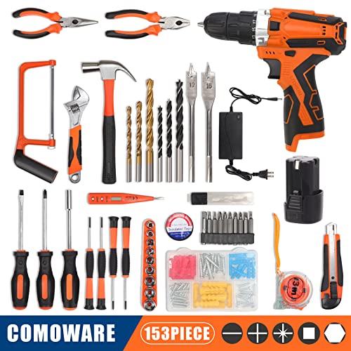COMOWARE 16.8V Cordless Drill Set Combo Kit, 153 Pcs Tool Kit for Home, Professional Household Tool Sets for Men, Basic Tool Kit with Power Drill, COMOWARE