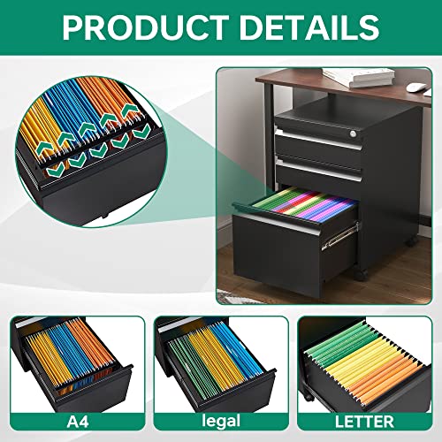 Letaya 3 Drawer Mobile File Cabinet with Lock,Under Desk Metal Filing Cabinets for Home Office Organizer Letters/Legal/A4(Fully Assembled Except Letaya