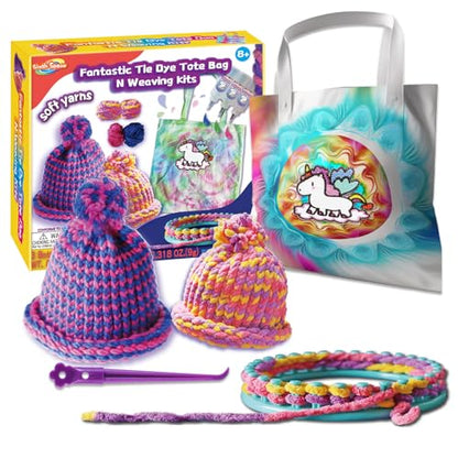 Weaving Loom Kit, Knitting for Beginners, Make Your Own Knitting Hat & Tie Dye Tote Bag, Weaving Round Loom for Kids, Crafts for Girls 8-12,