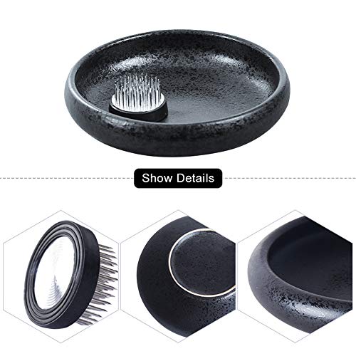 WANDIC Ikebana Flower Vase, Japanese Round Shallow Pottery Ikebana Vase Kit with 4cm Kenzan Flower Frog for Floral Arrangement Home Decoration, Black WANDIC