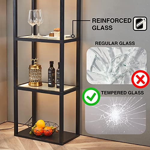 FENLO Fantasy Plus 66" Luxury Glass Display Shelf with Dimmable LED Floor Lamps, Sturdy Curio Cabinet with Bookcase Display Shelves for Bedroom, Open FENLO