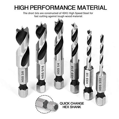 COMOWARE Brad Point Stubby Drill Bit Set for Wood, 6pcs HSS 4241 Steel with 1/4-Inch Quick Change Hex Shank - WoodArtSupply