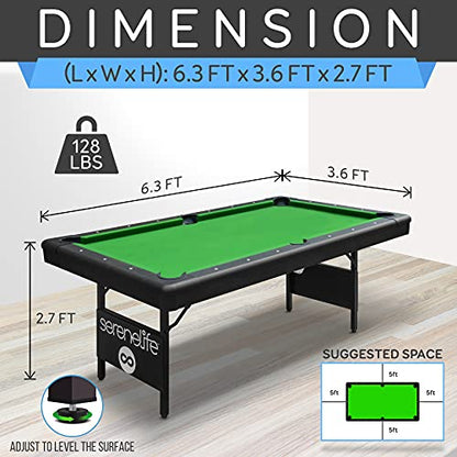 SereneLife 6-Ft Folding Pool Table - Portable Billiard Table - Includes 2X Cue Sticks, Full Set of Balls, Chalk, Brush - Foldable for Kids and Adults - WoodArtSupply