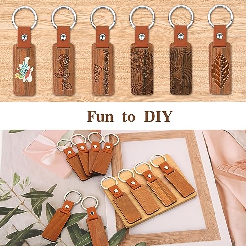 10PCS Leather Wood Keychain Blank, Wooden Keychain Blanks with Leather Strap, Unfinished Wooden Keychains for Laser Engraving, DIY Various Key Tags,