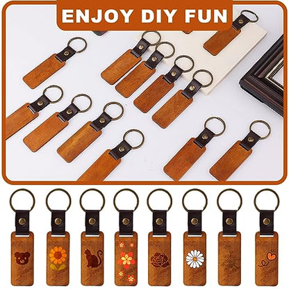 25pcs Leather Wood Keychain Blank, Wooden Keychain Blanks with Leather