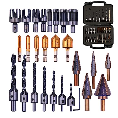 28 Pack Woodworking Chamfer Drilling Tools with a Case, Rocaris Including 6 Countersink, 5 Metric Step Drill Bit, 7 Counter Sinker Drill Bit Set with Rocaris