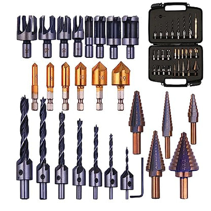 28 Pack Woodworking Chamfer Drilling Tools with a Case, Rocaris Including 6 Countersink, 5 Metric Step Drill Bit, 7 Counter Sinker Drill Bit Set with