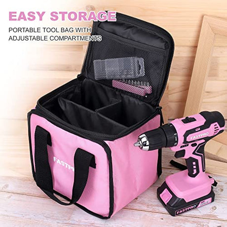 FASTPRO Pink Drill Set—20V Max Lithium-ion Cordless Drill Driver Set, 3/8 in. Drill Driver kit with One 1.5 Ah Batteries, Charger and Tool Bag FASTPRO
