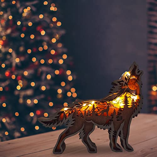 HOTBEST Forest Animals Wooden Decor, Wolf/Eagle Figurines and Statues, Wooden Carved Ornament with Lights, Multi-Layered 3D Table Decor Desktop Ornament for Home Office Christmas Decoration (Wolf)