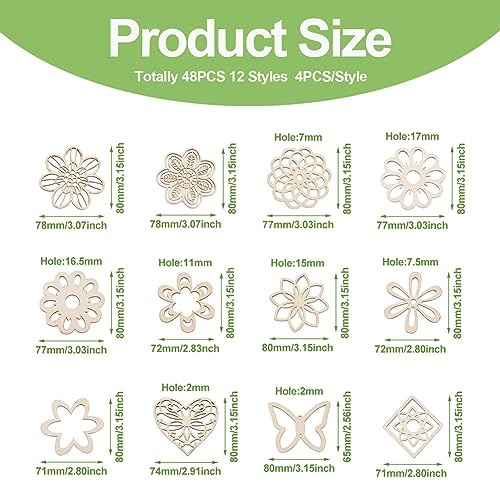 Elecrelive 48pcs Laser Cut Wood Shapes Large Unfinished Wood Flower Cutouts Hollow Wooden Pieces for Painting Crafts Hainging Ornament Home Wedding EEE ELECRELIVE