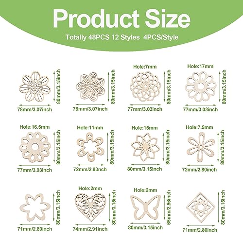 Elecrelive 48pcs Laser Cut Wood Shapes Large Unfinished Wood Flower Cutouts Hollow Wooden Pieces for Painting Crafts Hainging Ornament Home Wedding - WoodArtSupply