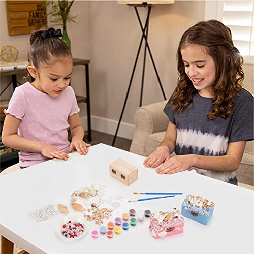 WEBEEDY 2 Sets Mermaid Jewelry Box Unfinished Wood Treasure Chest Mine Jewelry Box DIY Craft Kits with Hinged Lid and Front Clasp Nautical Trinket WEBEEDY