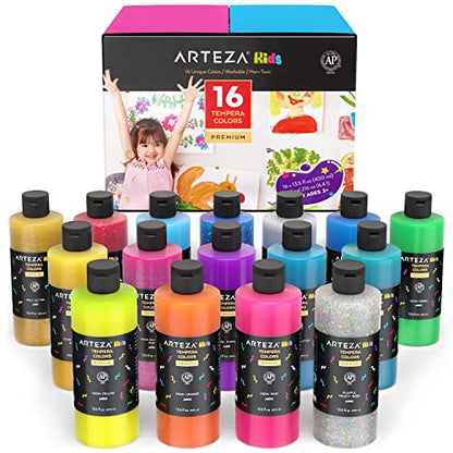 Arteza Kids Tempera Paint, Set of 16 Colors, 13.5 fl oz, Nontoxic Poster Paint, Art Supplies for Finger Painting, School Projects, and Crafting - WoodArtSupply