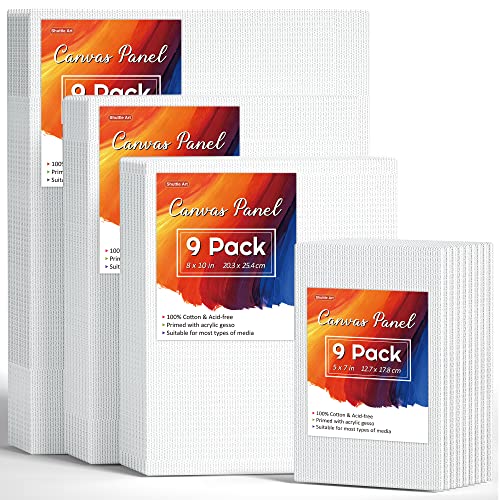Shuttle Art Painting Canvas Panel, 36 Multi Pack, 5x7, 8x10, 9x12, 11x14 inch (9 PCS of Each), 100% Cotton Art Canvas Board Primed White, Blank Shuttle Art