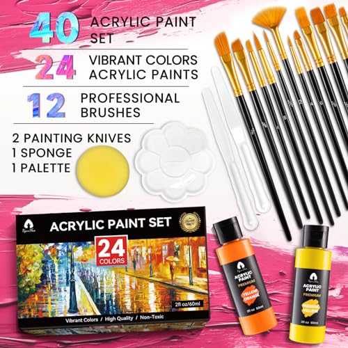 40 PCS Acrylic Paint Set with 12 Brushes, 2 Knives and Palette, 24 Colors (2oz/60ml) Art Craft Paints Gifts for Adults Kids Artists Beginners, Art VigorFun