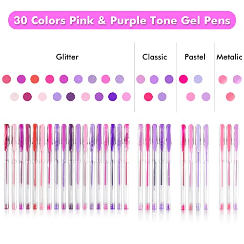 Shuttle Art 60 Pack Tone , Pink Purple Gel Pens with 30 Refills for Adults Coloring Books Journaling Drawing Nature, Landscapes, Animals Scenes Shuttle Art
