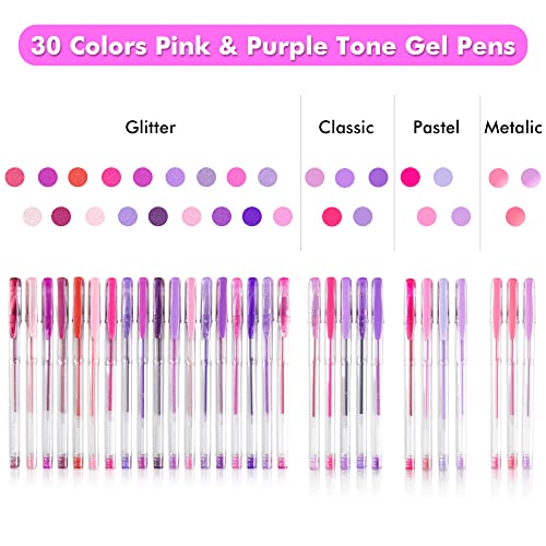 Shuttle Art 60 Pack Tone , Pink Purple Gel Pens with 30 Refills for Adults Coloring Books Journaling Drawing Nature, Landscapes, Animals Scenes - WoodArtSupply