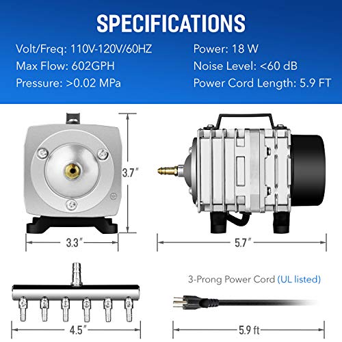 Simple Deluxe LGPUMPAIR38 602 GPH 18W 38L/min Adjustable Flow Outlets Airline Tubing 25 Feet for Aquarium, Pond, Hydroponics Systems Air Pump, 1 Pack Simple Deluxe