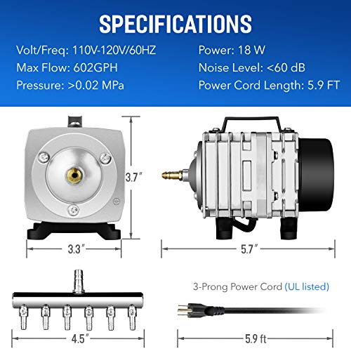 Simple Deluxe LGPUMPAIR38 602 GPH 18W 38L/min Adjustable Flow Outlets Airline Tubing 25 Feet for Aquarium, Pond, Hydroponics Systems Air Pump, 1 Pack - WoodArtSupply