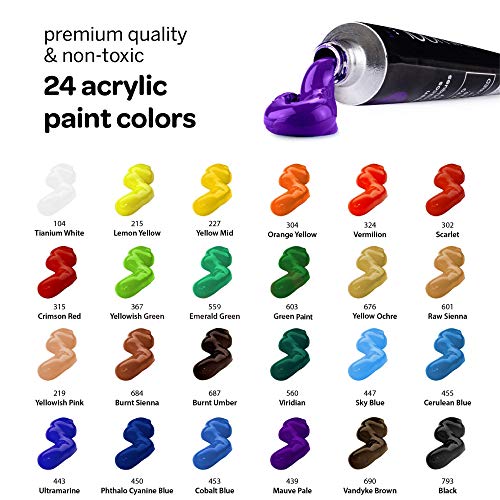 Acrylic Paint Brushes Set of 15, with Paint Set Included with 24 Acrylic Paints LOOMINI