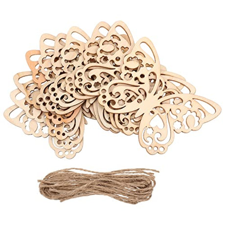 SEWACC Wood Crafts 50 Sets Wooden Butterfly Cutouts Unfinished Butterfly Shapes Blank Wood Ornaments Butterfly Embellishments with Hemp Ropes for DIY SEWACC