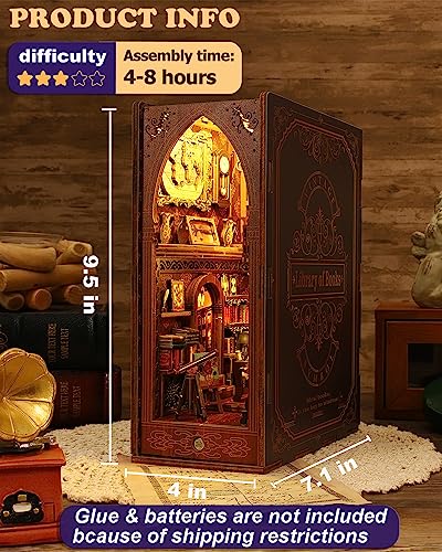 DIY Book Nook Kit, Bookshelf Insert Decor Alley 3D Wooden Puzzles with LED Lights & Motion Sensor, Miniature Dollhouse Kits Bookends Craft Kits for OMEPEA