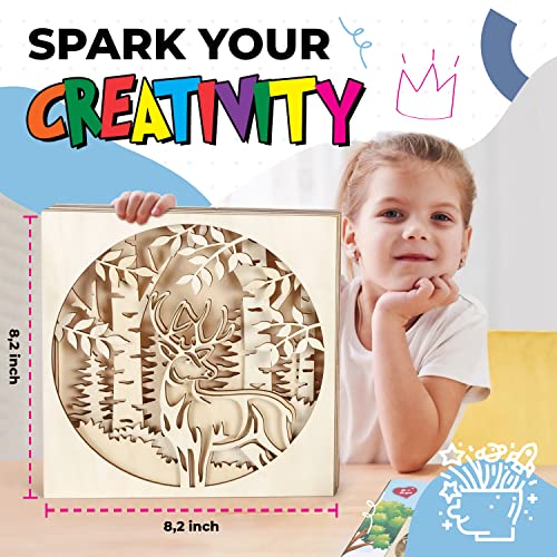 LEOGOR Multilayered Kids Craft Sets for Girls Ages 8-12 and Boys - Wooden Ornaments to Color with Wood Deer Cutouts in Gift-Ready Packaging and Art