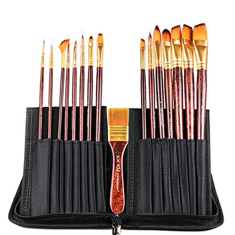 Transon 16pcs Professional Long Artist Paint Brush Set with Brush Case Assorted for Acrylic Watercolor Gouache Oil Tempera and Body Painting TRANSON