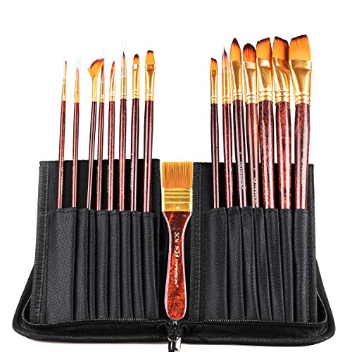 Transon 16pcs Professional Long Artist Paint Brush Set with Brush Case Assorted for Acrylic Watercolor Gouache Oil Tempera and Body Painting - WoodArtSupply