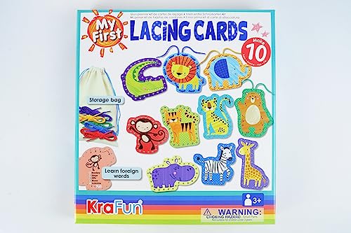KRAFUN Beginner Easy Safari and Animal Lacing Card Kit, 10 Preschool Lacing Card Project for Kids Arts & Crafts, Lacing Cards for Toddlers, Fine KRAFUN