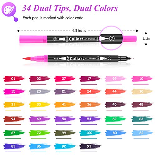 Caliart 34 Double Tip Brush Pens Art Markers, Artist Fine & Brush Pen Coloring Markers for Kids Adult Book Halloween Journaling Note Taking Lettering