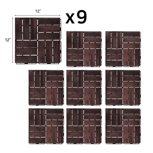 Acacia Hardwood Interlocking Deck Tiles - Walnut Grid - 12"×12" 9pcs - Floor Tiles for Patio and Deck Use Natural Wood Outdoor Decking and Flooring,