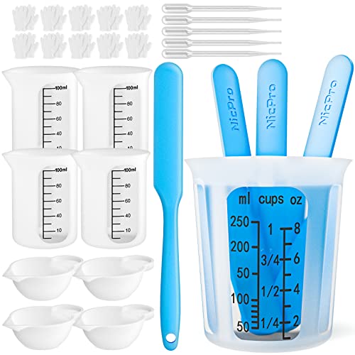 Silicone Resin Measuring Cups Tool Kit- Nicpro 250 & 100 ml Measure Cups, Silicone Popsicle Stir Sticks & Spatula, Pipettes, Gloves for Epoxy Resin Nicpro