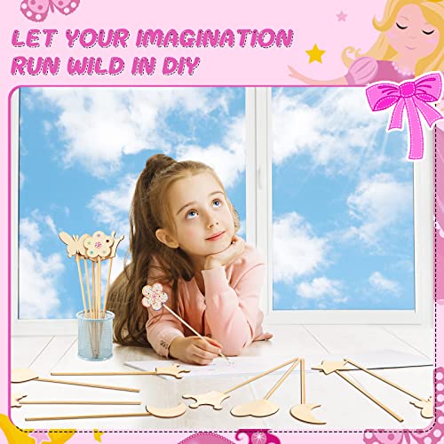 42 Pcs Princess Fairy Wands Kit, Include 36 Pcs Wooden Unfinished Wand DIY Princess Wand with 6 Sheet Colorful Diamond Sticker for Girls Make Your Cindeer