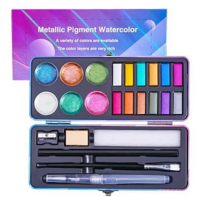 Watercolor Paint Set,18 Colors Glitter Watercolor Paint(12 Metallic Colors and 6 Chameleon Colors),Portable Travel Watercolor Set with Water Brush