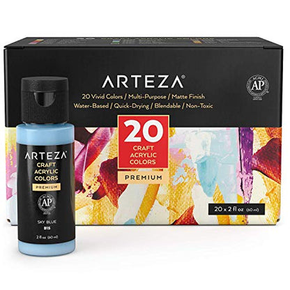 ARTEZA Craft Acrylic Paint, 2oz/60 ml Bottles, Water-Based, Matte Finish Paints,Art Supplies for Art & DIY Projects on Glass, Wood, Ceramics,