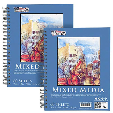 U.S. Art Supply 9" x 12" Mixed Media Paper Pad Sketchbook, 2 Pack, 60 Sheets, 98 lb (160 gsm) - Spiral-Bound, Perforated, Acid-Free - Artist U.S. Art Supply