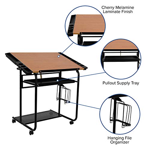 Flash Furniture Swanson Adjustable Drawing and Drafting Table with Black Frame and Dual Wheel Casters, Cherry