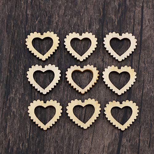 Amosfun 100pcs Hollow Out Lace Heart Wooden Pieces Cutouts Craft Embellishments Wood Ornament Manual Accessories for DIY Art (20mm)