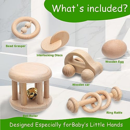 Montessori Wooden Baby Toy Set - 6 Pieces of Rattles, Push Car and Newborn Toys for Babies 6-12 Months - Wood Toys with Bells for Sensory Development