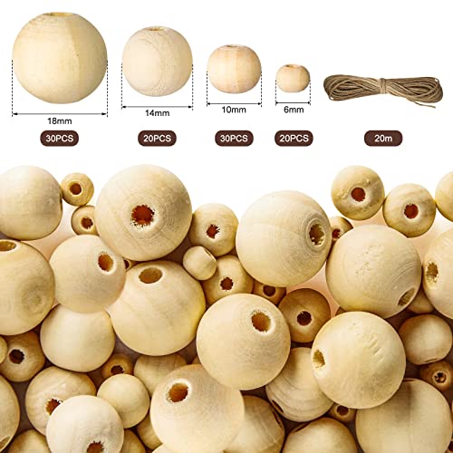 100Pcs Small Original Wood Beads for Crafts 18mm, 14mm, 10mm, 6mm Wood Beads for Crafts with Holes Round Ball Shape Wooden Beads Unfinished Beads