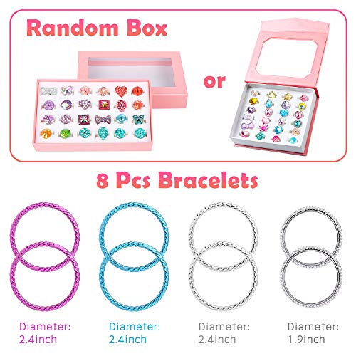 WATINC 42Pcs Princess Pretend Jewelry Toy Girl’s Jewelry Dress Up Play Set Included Blue Shiny Handbag Necklaces Adjustable Diamond Rings Bracelets WATINC