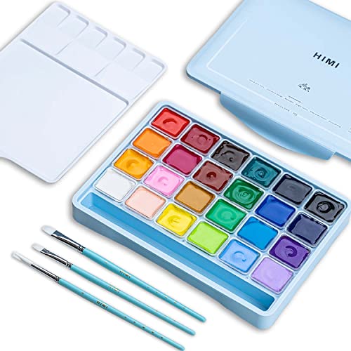 HIMI Gouache Paints set with 3 Paint Brushes, 24 Colors, 30g, Jelly Cup Design, Non Toxic Paint for Canvas and Paper, Art Supplies for Professionals HIMI