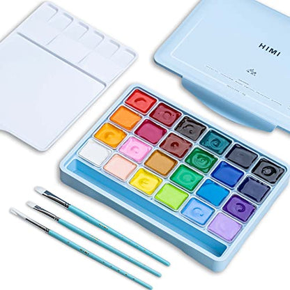 HIMI Gouache Paints set with 3 Paint Brushes, 24 Colors, 30g, Jelly Cup Design, Non Toxic Paint for Canvas and Paper, Art Supplies for Professionals - WoodArtSupply